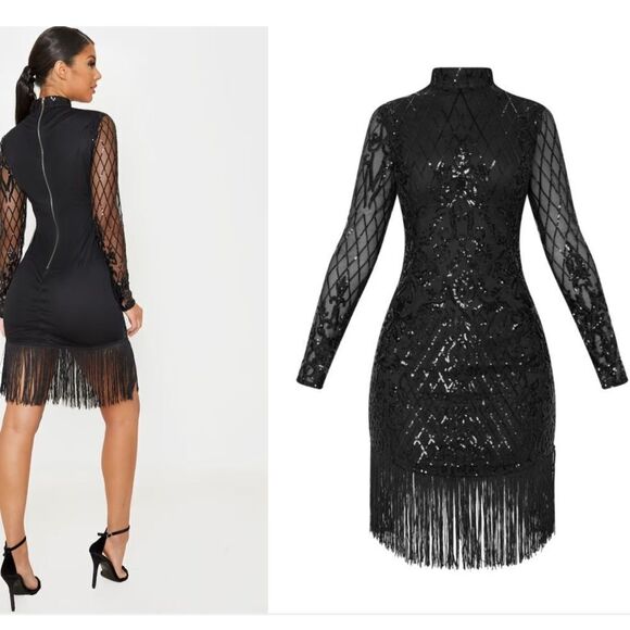 PrettyLittleThing Black Long Sleeve Sequin Tassel Hem Bodycon Dress Size 2 - Picture 2 of 8